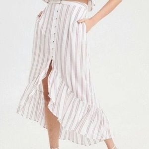 White and red stripe high low maxi skirt with ruffle hem and button front detail